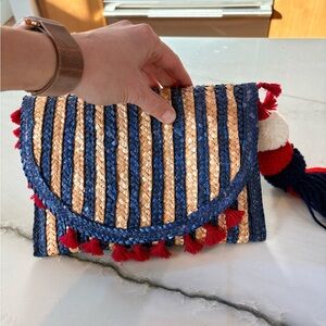 Navy and Tan Woven Clutch with Pom-Poms